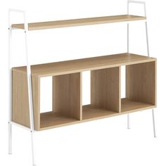 a wooden shelf with white metal legs and shelves