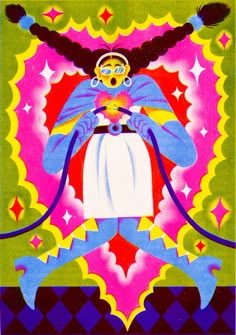 a poster with an image of a person in the middle and stars around it, on top of a multicolored background