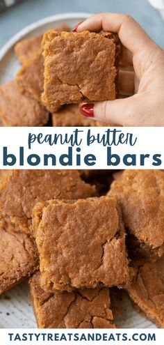 peanut butter blondie bars stacked on top of each other with the words, peanut butter blondie bars