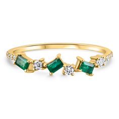 This delicate and unique women's ring features round brilliant cut natural diamonds and lab created emeralds.  All stones are prong set in solid 14k polished gold mounting.  The ring is perfect to stack with other rings or accent your engagement ring. Blue Diamond Jewelry, Black Diamond Jewelry, Rose Gold Fashion, Wedding Ring For Her, Anniversary Wedding Band, Gold Rings Fashion, Mens Gold Bracelets, Wedding Anniversary Rings, Plain Bands