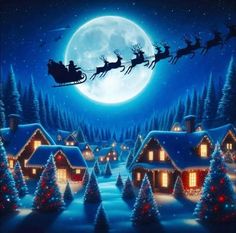 a christmas scene with santa's sleigh in the sky