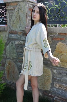 This handmade beach kimono  completes your style and originality during summer or winter. It can be used in all seasons , at home or outside.Embrace the elegance of nature with this unique one. Wearing plastic free and handmade fabrics makes you feel relaxed and balanced. Linen Robe For Beach In Summer, Traditional Beige Kimono For Vacation, Summer Beach Linen Robe, Summer Relaxation Robe With Kimono Sleeves, Traditional Beige Kimono For Beach, Cream Kaftan For Spring Beach Occasions, Cream Beach Kimono With Kimono Sleeves, Traditional Summer Kimono For Vacation, Cream Summer Kimono For The Beach