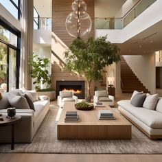 a living room filled with furniture and a fire place in the middle of a room