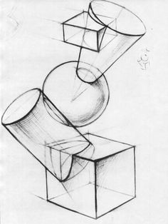 a pencil drawing of three shapes on top of each other, with one object in the middle