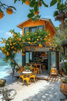 an orange tree in front of a small house on the beach with chairs and tables