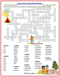 the summer camp word search is shown in this printable crossword puzzle game for kids