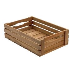 a wooden crate sitting on top of a white surface