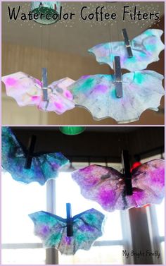 two pictures of butterflies hanging from the ceiling and in front of a window with text overlay that says watercolor coffee filters