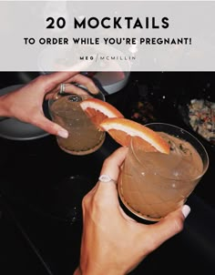 two people toasting with drinks in front of them and the text reads, 20 cocktails to order while you're pregnant