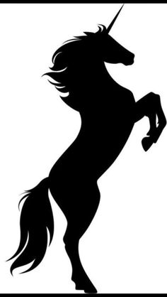 a black and white silhouette of a unicorn on its hind legs with a long mane