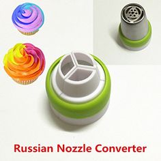 three different colored cupcake cutters with the words russian nozzle converter