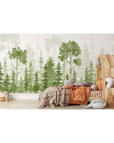 a bedroom with trees painted on the wall