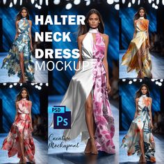 models in dresses on the catwalk at a fashion show with text that reads halter neck dress mock mockup