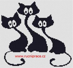 three black cats sitting on top of each other in front of a cross stitch pattern