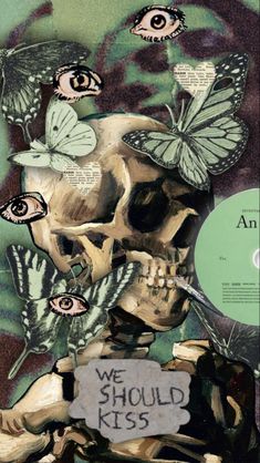 an image of a skull with butterflies on it and the words we should kiss you