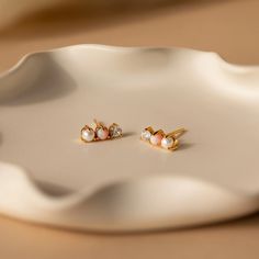 Dainty Pearl, Opal & Diamond Bar Stud Earrings | Caitlyn Minimalist Caitlyn Minimalist, Minimalist Bar, Bar Stud Earrings, Diamond Bar, Types Of Gemstones, Diamond Stud Earrings, Bar Earrings