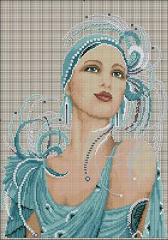 a cross stitch portrait of a woman in blue