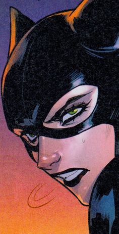 a close up of a catwoman with green eyes and black hair, in front of an orange background