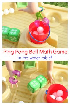 two pictures with the words, ping pong ball math game in the water table