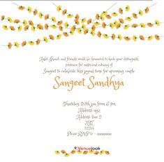 an orange and yellow wedding card with the words sangeet sandhuya on it