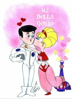 an image of a cartoon character kissing a woman in front of a pink background with hearts