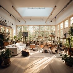 a living room filled with lots of furniture and musical instruments in front of large windows