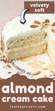 a close up of a slice of cake on a plate with the words, velvet soft almond cream cake