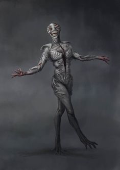 an alien creature with its arms spread out and hands outstretched in front of him, on a dark background