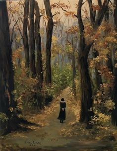 a painting of a woman walking down a path in the woods