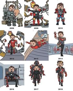 the evolution of iron man in cartoon form, with pictures of him and his family