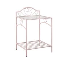 a white metal shelf with glass top