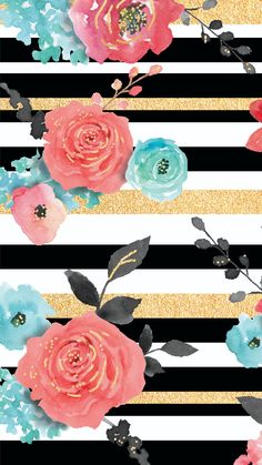 a black and white striped background with flowers