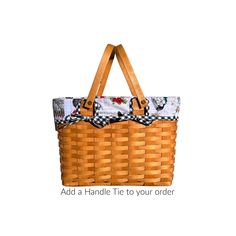 a woven basket with mickey mouses on it and the words add handle to your order