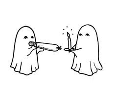 two ghost holding a lit candle in their hands, one is pointing at the other