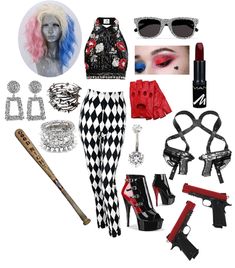 the contents of a costume including sunglasses, lipstick, hair, and other accessories are arranged on a white background