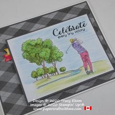 a card with a drawing of a man playing golf on the field and trees in the background