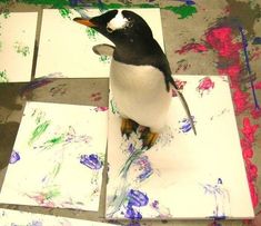 a penguin standing on top of a piece of paper with paint splattered all over it