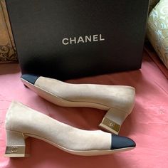 Beautiful Chanel Shoes Sued Kidskin & Grosgrain Beige And Black Only Worn Once Indoors It Was Purchased Them About 2 Months Ago They Are A New Style Chanel Slingback Shoes Two Tones, Chanel Two Tone Pumps, Chanel Shoes, Black Cream, Two Tone, Chanel, Pumps, Women Shoes, Black