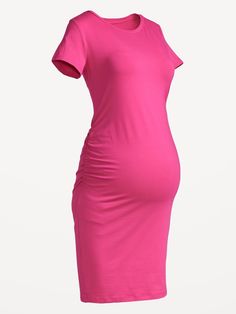 crew neck short sleeves shirred sides fitted hits above knee model is approximately 5'9" and wears size m (8) Maternity Romper, Short Sleeve Bodycon Dress, Maternity Shorts, Old Navy Maternity, Womens Maternity, Jack Black, Navy Stripes, Maternity Clothes, Pink Dress