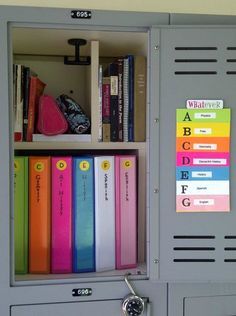 a school locker with books and binders in it