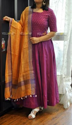 Linen Dupatta, Cotton Dress Pattern, Yellow Kurti, Kalamkari Dresses, Frocks And Gowns, Purple Linen, Linen Sarees