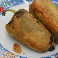 two fried food items on a plate with red table cloth in the backround