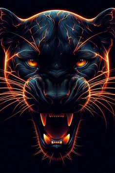 an image of a tiger's face with glowing eyes and fangs on black background