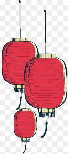 three red chinese lanterns hanging from the ceiling, illustration, drawing png and psd