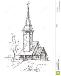 an ink drawing of a church