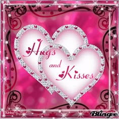 two hearts with the words hugs and kisses written on them in silver glitters against a pink background