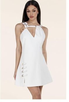 This white dress has a draped around the bodice, bondage-style straps and a daring side slit that’s held together by gold safety pins. Self: 96% Polyester 4% Spandex Lining: 96% Polyester 4% Spandex Invisible Back Zipper Safety Pin Dress, Pin Dress, Safety Pins, Dress For Sale, Phoenix Az, 50's Dress, Safety Pin, Dress With Boots, Sleeveless Formal Dress