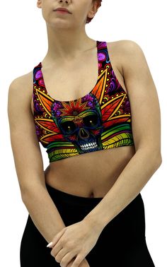 EDM - Rainbow Rave Skull Sports Bra Intense Workout, Elastic Band, Shoulder Straps, Double Layer, Sports Bra, Blouses, Rainbow, Elastic, Band