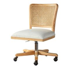 an office chair with wheels and a cushion on the backrest, sitting up against a white background