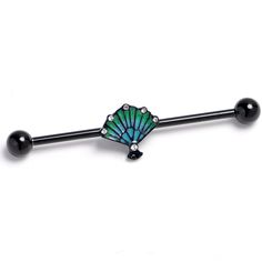 Product Details14 Gauge Black PVD Serenity Ocean Magic Sea Shells Industrial Barbell 38mm Get a look that is perfect for the beach or anywhere else with this 14 gauge helix barbell. It is made with a 1 1/2 inch black PVD over 316L surgical grade stainless steel straight barbell with 5mm ball ends. It features a sea shell charm, with raised detailing. It is further embellished with clear gems along the scalloped edge and blue and green coloring and you can slide it up and down the length of the b Industrial Barbell Jewelry, Types Of Ear Piercings, Barbell Earrings, Industrial Barbell, Daith Piercing, Beach Ready, Scallop Shells, Ear Candy, Affordable Fashion